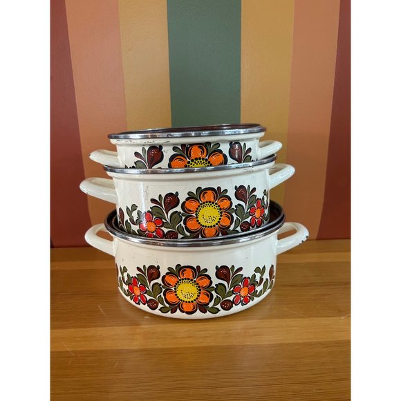 70s flower power enamel pot with handles set of 3 lidded brown - Picture 2 of 10